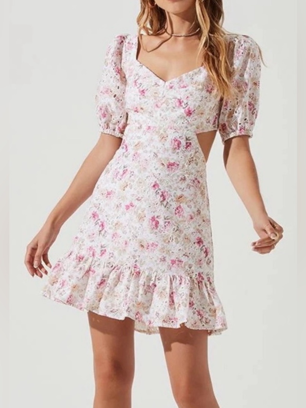Astr the Label Pink Floral Puff-Sleeve Mini Dress,Sz XS
